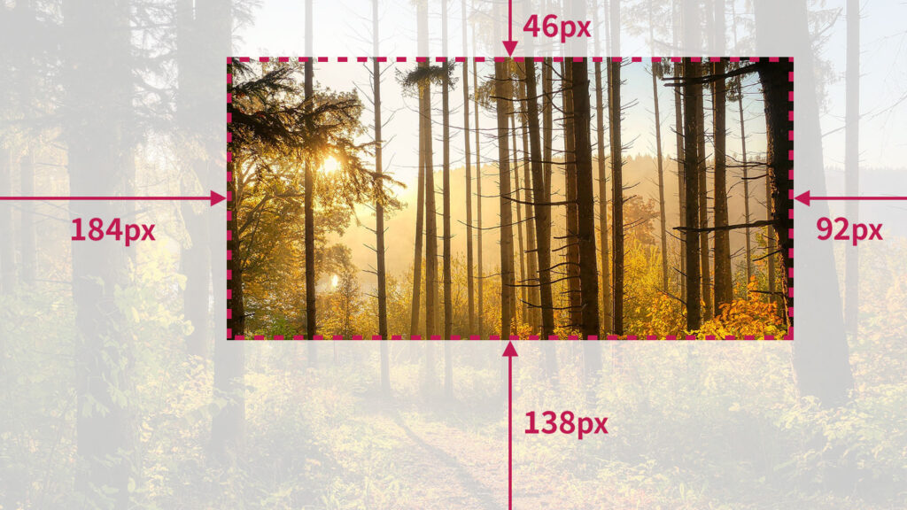 clip-pathのinset()で、上46px、右92px、下138px、左184pxの余白が設定された四角形のクリッピング例