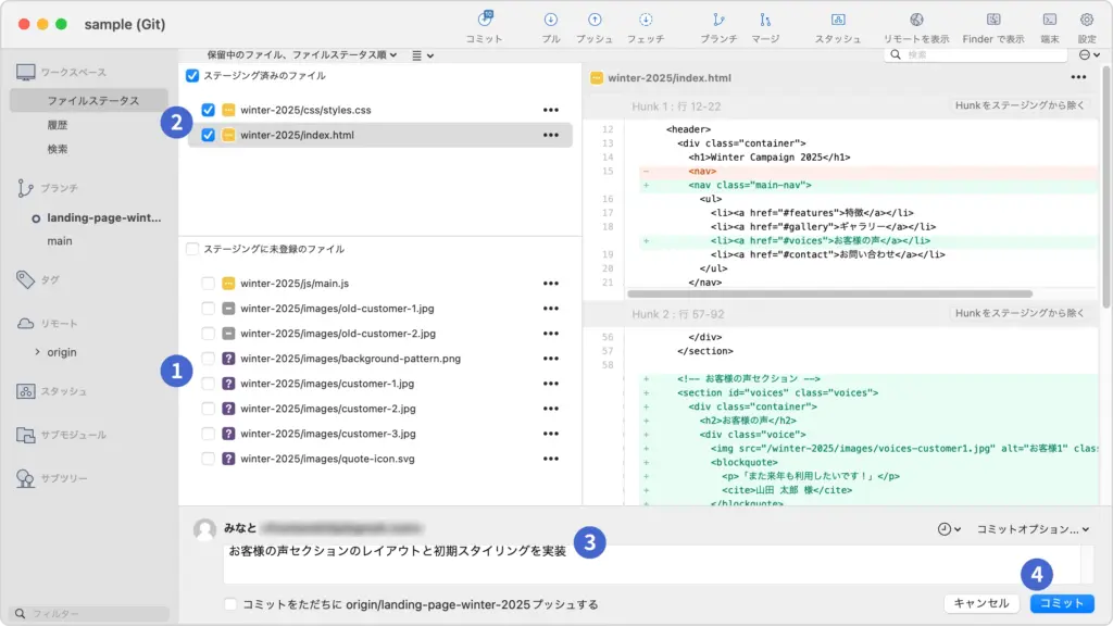 1〜4の番号が振られたSourcetreeのファイルステータス画面。コミットの各手順を視覚的に説明するための画像。