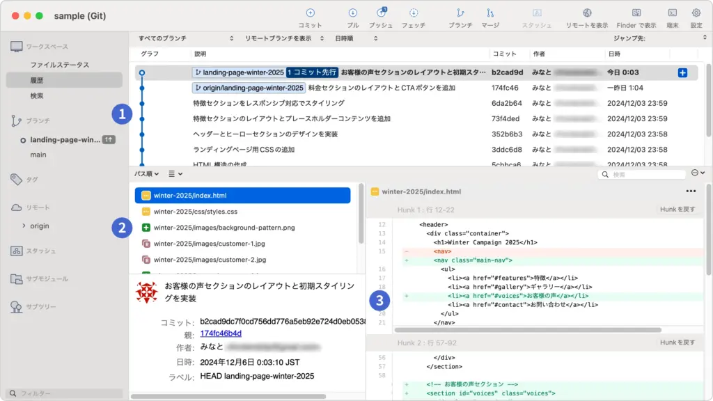 1〜3の番号が振られたSourcetreeの履歴画面。コミットの詳細や変更箇所の確認方法を視覚的に説明する画像。