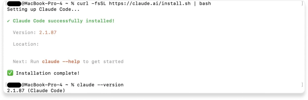 Claude Codeのインストール成功とバージョン確認の結果