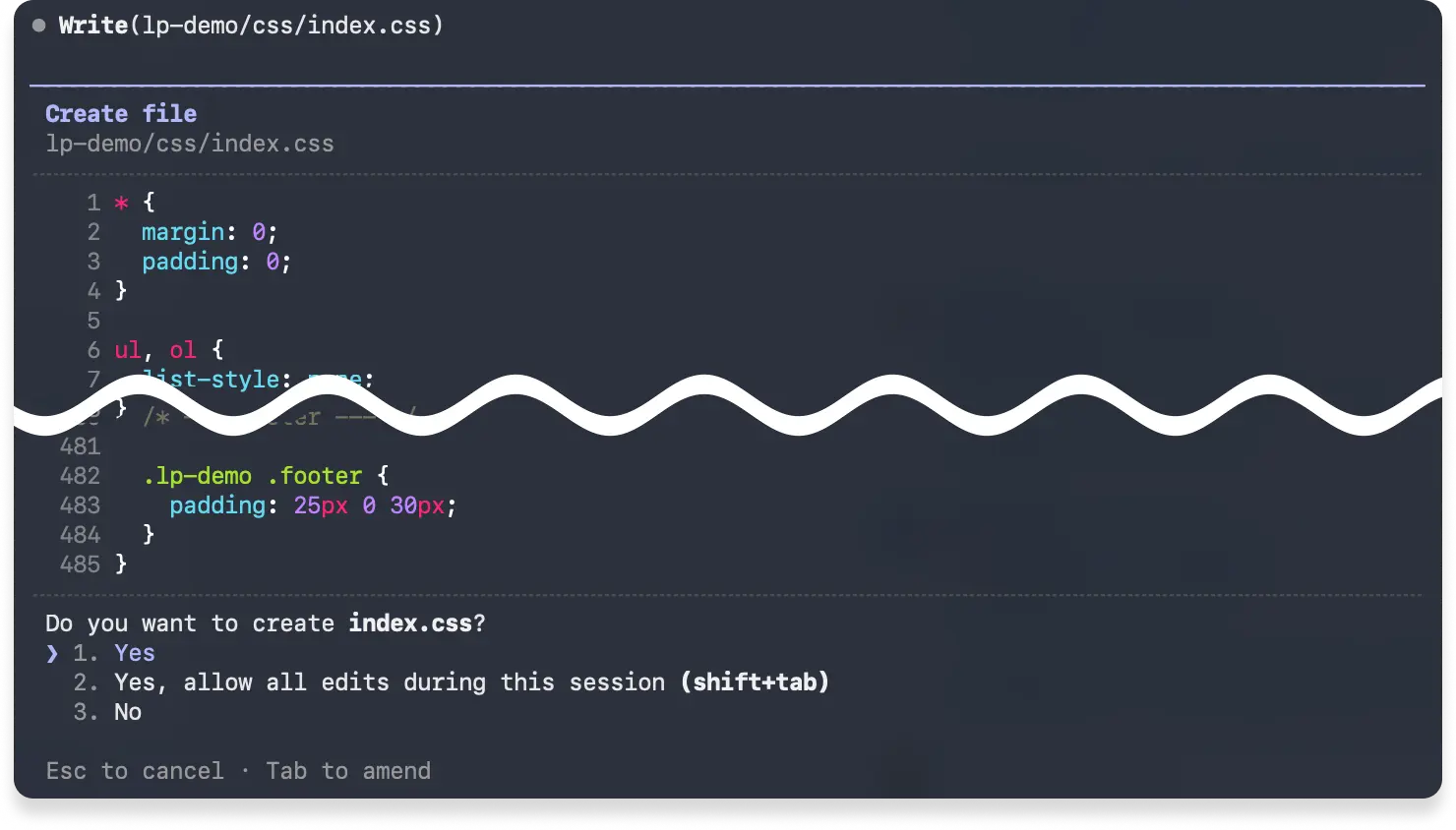 index.cssの生成内容が表示され、作成確認を求めているターミナルのスクリーンショット