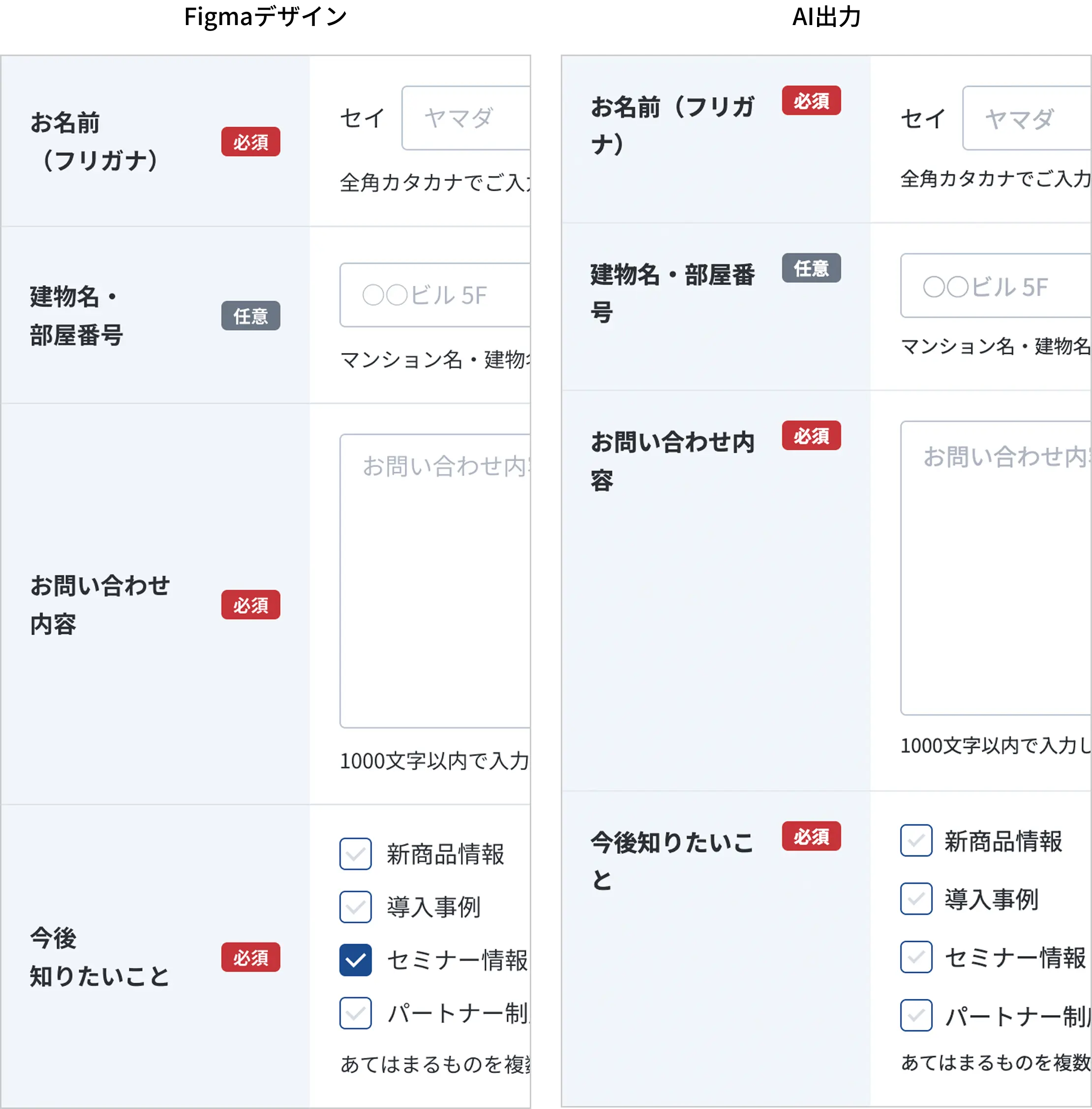PC表示での項目名（見出し）の比較。左のカンプでは行の上下中央に置かれ、右のAI出力では上寄りになり、折り返す位置も異なる。
