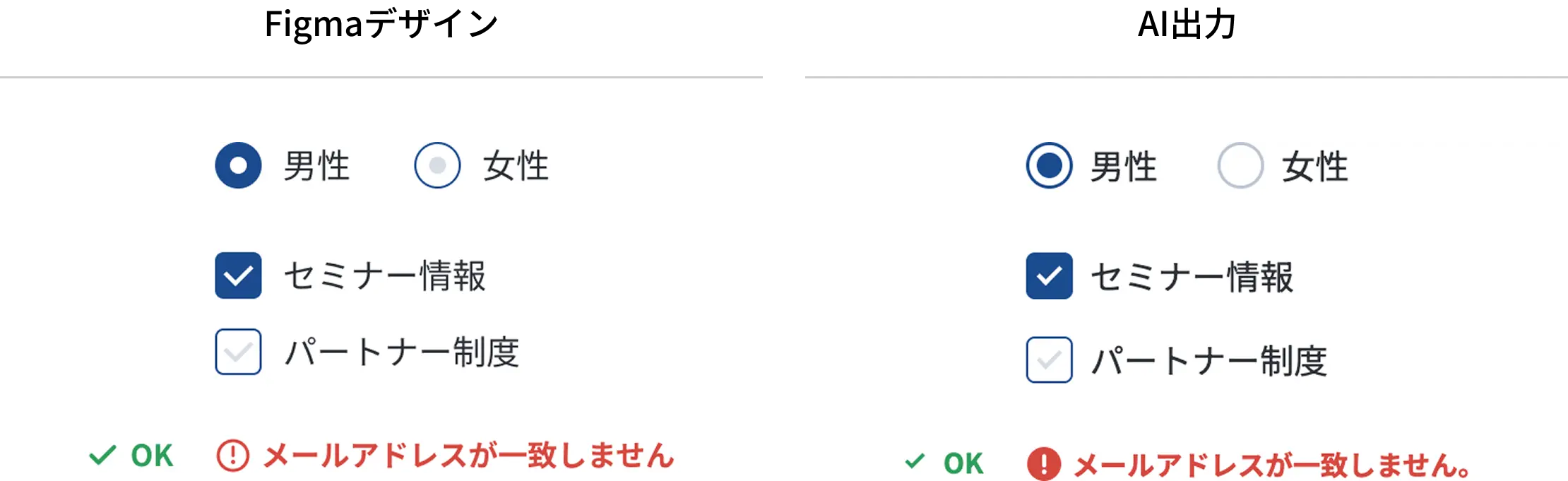 ラジオボタン・チェックボックス・OK・エラーアイコンの形状の比較。左のカンプと右のAI出力で形が異なる。